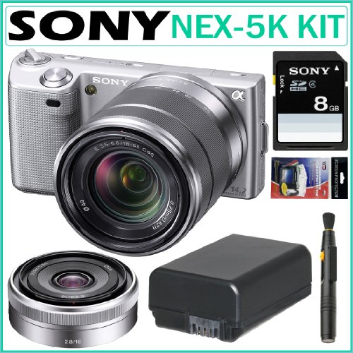 Sony Alpha NEX-5 Silver 14.2MP HD Digital Camera in Silver with Sony SEL16F28 16mm E-Lens AND SEL1855 18-55 Lens + 8GB Deluxe Accessory Kit **With New Firmware Update**