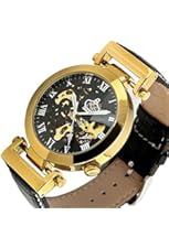 ESS Black Gold Golden Case Automatic Mechanical Black Leather Watch Mens Skeleton Luxury Classic WM337