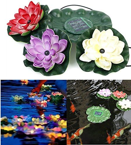 JulyFire Solar Powered Floating Lotus Light, Waterproof Lotus Leaf Solar Panel Contact 3 LED Lotus Lamp, for Pond Décor