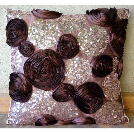 Wine And Roses - 18x18 Inches Throw Pillow Covers - Silk Pillow Cover with Ribbon and Sequin Embroidery