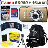 Canon PowerShot SD980IS 12MP Digital Camera (Gold) + 16GB Accessory Kit