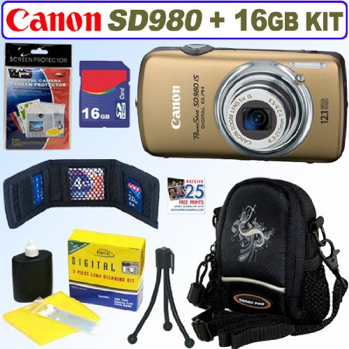 Canon PowerShot SD980IS 12MP Digital Camera Gold + 16GB Accessory Kit.