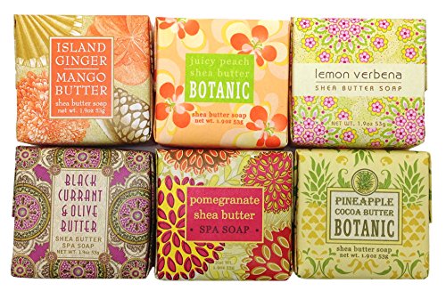 Greenwich Bay TROPICAL FRUIT Soap Sampler Gift Set, Mini Shea Butter Soap Set Scents - Ginger Mango, Peach, Lemon Verbena, Black Currant, Pomegranate and Pineapple (6 x 1.9 oz)