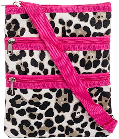 Womens 9" Swingpack Crossbody Bag w/ Fuchsia Trim (Brown Leopard Print)