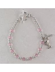 First Holy Communion Childrens Girls Rosary Bracelet 6 1/2" 4mm Pink Toggle Beads with Sterling Silver Cross & Chalice Charms.