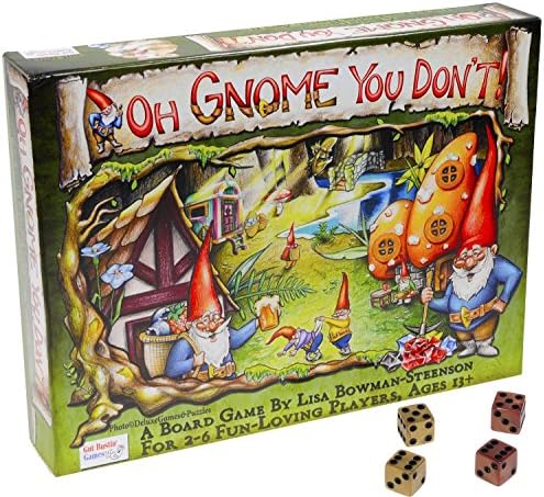 Oh Gnome You Don't! Board Game _ Bonus 2 Gold & 2 Bronze Pearlized Swirl D6 standard size dice _ Bundle