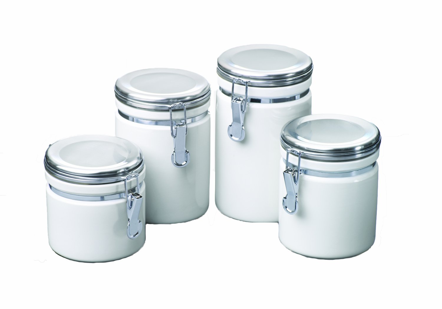 4 Piece Ceramic Canister Set with Clamp Top Lid, White