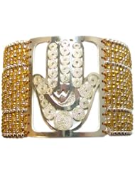 Mishky Sterling Silver "Hamsa Hand" Gold Mesh Glass Seed Beaded Cuff Bracelet with Hand of God Plaque