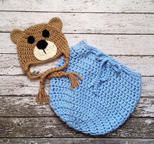 AngelMommyPatten ORIGINAL DESIGNER Handmade Cute Little Mr. Bear Beanie and Swaddle Sack in Light Taupe, Baby Blue and Ecru in Newborn Size- MADE TO ORDER