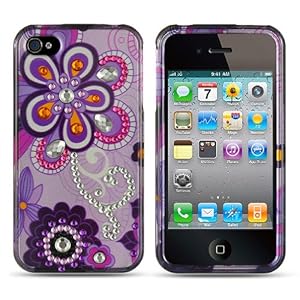 Spot Diamond Rhinestone Purple Violet Flower Design Snap-On Protector Hard Cover Case Compatible for Apple Iphone 4 / 4S (AT&T VERIZON SPRINT) + Bonus 1 of Rubber Grip Translucent Ball Point Pen