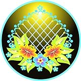 Orange, Yellow, & Blue Flowers in a Teal Fan - Vinyl Stained Glass Film, Static Cling Window Decal