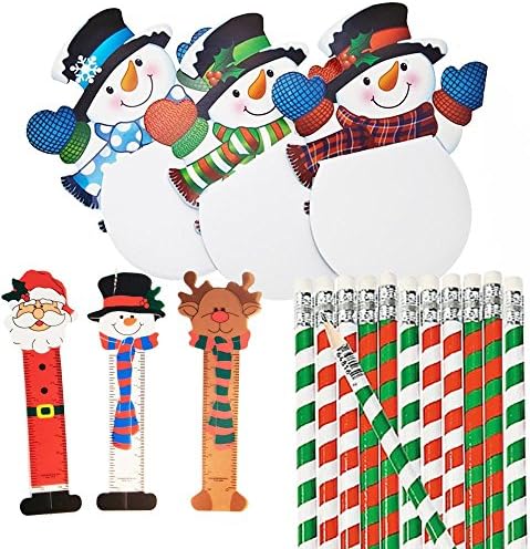 Christmas Party Favors for Kids - 24 Snowman Notepads, 24 Candy Cane Pencils and 24 Holiday Bookmarks (Bulk Bundle of 3 Different Items), Total 72 pieces