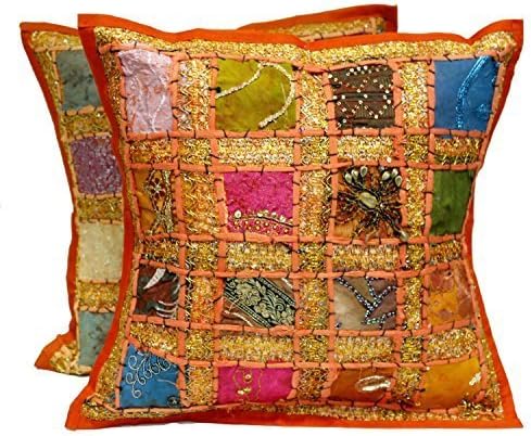 2 Orange Embroidery Sequin Patchwork Indian Sari Throw Pillow Cushion Covers by Krishna Mart