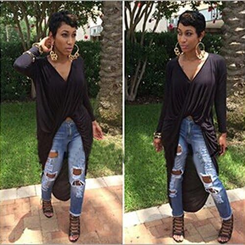 SSCUN Black V Neck Draped Front Twist Flowy Wrap Long Sleeve Stretchy Top Bandge Dress M