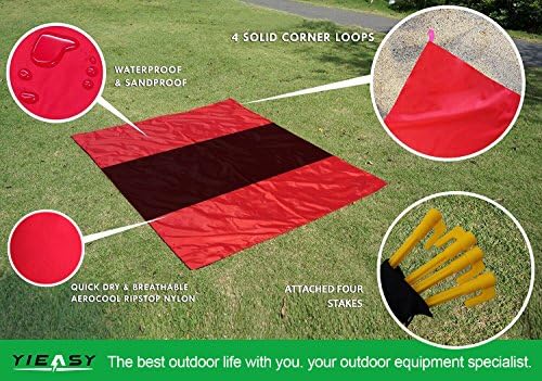 Large Beach Mat/ blanket Compact, Sandfree, waterproof beach blanket, Picnic Camping Outdoor mat, Lightweight, with Sand Anchors, 4 Plastic Stakes and Carry Bag , Strong Ripstop Parachute Nylon.
