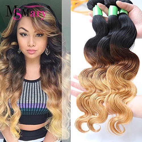 Ms Mary Hair 7a Brazilian Ombre Body Wave Hair 3 Bundles Mixed Length 14 14 16inches 100% Unprocessed Virgin Human Hair Bundle Deals,Tangle Free and Shed Free(#1B#4#27)
