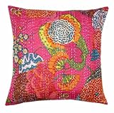 Lovely Home Decor Art Rajrang Floral Hand Block Print Cushion Covers with Thread Work Pink Color Cotton Cushion Cover/ Throw Pillow Cover Comforter Sets India (Size 16x16) (5 Pcs)