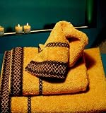 Armani International, Siena, European made, Towels-Set, Gold Color, Laced in Gold-Navy, Plush Weight, Soft Touch, 3-pc
