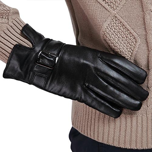 YHJMY Mens Wrist Buckle Driving Genuine Lambskin Leather Fleece Gloves Black XL