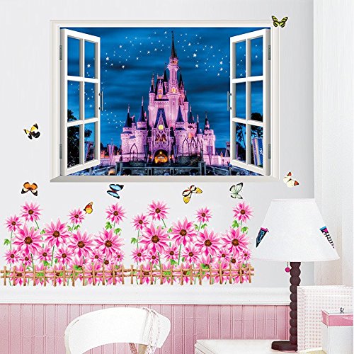 LUCKKYY®Castle Peel & Stick 3D Window View Decal Wall Decorations for Living Room