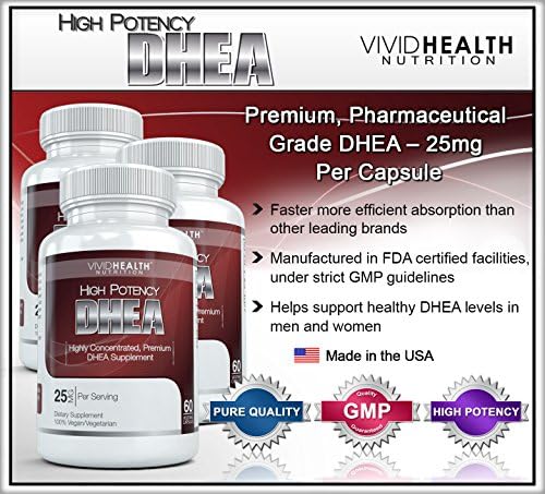 Vivid Nutrition High Potency DHEA (3 Bottles) - Pharmaceutical Grade, Highly Potency DHEA Supplement (25mg) - 60 capsules per bottle