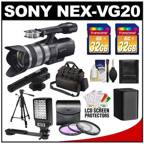 Sony Handycam NEX-VG20 1080 HD Video Camera Camcorder with 18-200mm OSS Lens + Sony Case + (2) 32GB Cards + Battery + LED Video Light + Microphone + 3 UV/FLD/CPL Filters + Tripod + Accessory Kit