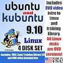 Ubuntu 9.10 and Kubuntu 9.10, 4-disks DVD Set Includes Linux Training Library, "Introduction to Linux" video-DVD, also includes printed Quick Reference Card of Linux commands, 32-bit Set