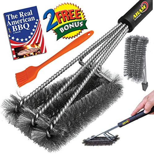 ABAM Grill Brush 3 Core Stainless Steel - NEW Barbecue Clean grill grates 360* - 18" Handle - Professional Sturdy bristles - Best BBQ easy cleaner- Free: Silicone basting brush + e-book.