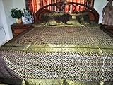 7p Black Greenyellow Floral Sari India Bedding Bedspread Duvet King/ Queen. ....