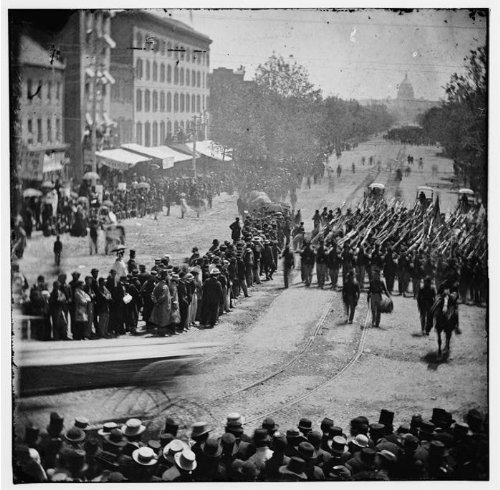 Civil War Reprint Washington, D.C. Infantry unit with fixed bayonets followed by ambulances passing to Buy Cheap Prices