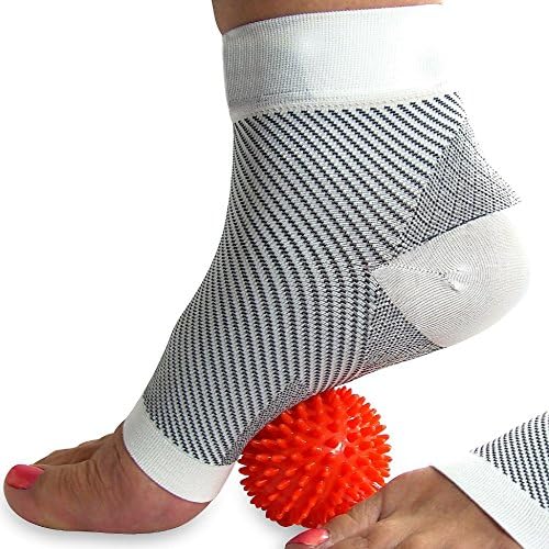 GET Relief here: Plantar Fasciitis Sock Sleeves (pair), and FREE Spiky Massage Ball (Bundle), Compression Socks for Foot Pain Relief, Ankle Support, Arch Support, &amp; Swelling (White, Small)