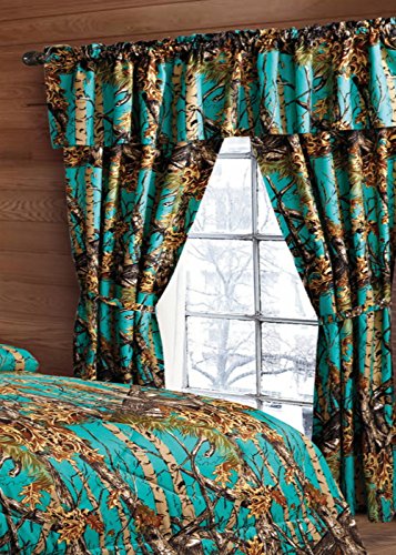 20 Lakes Woodland Hunter Camo Valance, Panels, & Tie Backs Curtain Drape Set Five Pieces (Teal)
