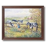 Holstein Cows Girl Cat Kittens Country Home Decor Wall Picture Cherry Framed Art Print