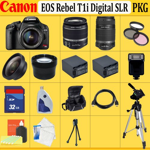 Canon EOS Rebel T1i (500d) SLR Digital Camera Kit with Canon 18-55mm Is Lens + Canon 55-250mm Is Lens + Huge Accessories Package Including Wide Angle Macro Lens + 2x Telephoto + 3 Pc Filter KIT + 2x Extended Life Batteries + Hdmi Cable + 32gb Sdhc Memory Card + Carrying Case + Tripod & Much More !!