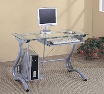 Retro Style Silver Finish Metal & Glass Computer Desk w/ Storage