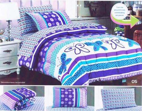 Children's 5pcs Twin Bedding Quilt Comforter Set w/ Pillow Sham Bed Sheet Set with Stripes & Butterfly Pattern By Big 7 Home