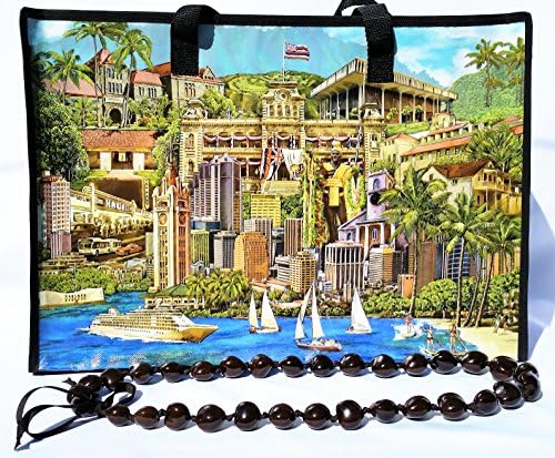 KUKUI NUT LEI 2 ITEM BUNDLE with HAWAII AND NOSTALGIC HONOLULU HISTORIC LANDMARKS BAG REUSABLE FOR GROCERY or BABY BAG TRAVEL ALOHA HAWAIIAN GIFT SET BIRTHDAY ANNIVERSARY REMINISCE ABOUT HAWAII