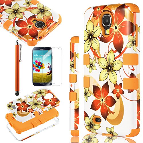 Galaxy S4 Case, S4 Case - ULAK 3 in 1 Hybrid High Impact Case for Samsung Galaxy S4 i9500 and Hard plastic +Screen Protector and Stylus (Flower- Orange)