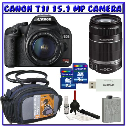 Canon EOS Rebel T1i 15.1 MP Digital SLR Camera (Black) + Canon EF-S 18-55mm f/3.5-5.6 IS Zoom Lens [Outfit] + Canon EF-S 55-250mm f/4.0-5.6 IS Zoom Lens + (2x) 8GB + Advanced Shooters Package K# 2