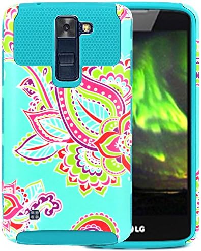 LG K7 Case,CNCASE Flower Style Dual Layer 2-Piece Peony Style Hybrid Hard Shockproof Bumper Case Cover for LG K7 - Lack Blue