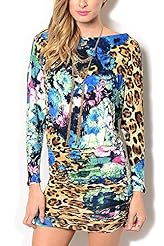 Cheetah Print Floral Print Ruched Open-Back Polyester/Spandex  Dress