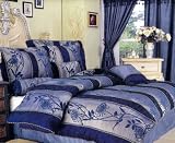 New Queen Size Blue Floral Jacquard Bed in a Bag Comforter Set with Bed Skirt, Neckroll and Cushions