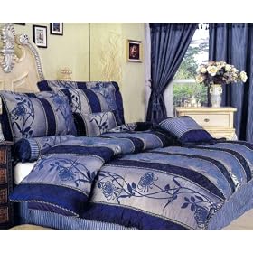 New King Size Blue Floral Jacquard Bed in a Bag Comforter Set with Bed Skirt, Neckroll and Cushions