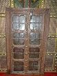 Antique Jharokha Hand Carved Iron Claded Teak Wood Double Door Window