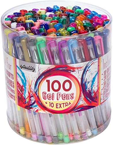 Drawing Set Of 100 Gel Pens + 10 rare FREE gel pens - Glitter, Metallic, Pastel, Neon, Swirl, Standard, Non Toxic &amp; Acid Free, Ideal Gift for Sketching, Painting &amp; Writing