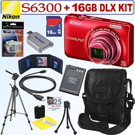 Nikon COOLPIX S6300 16 MP Digital Camera (Red) + EN-EL12 Battery + 16GB Deluxe Accessory Kit
