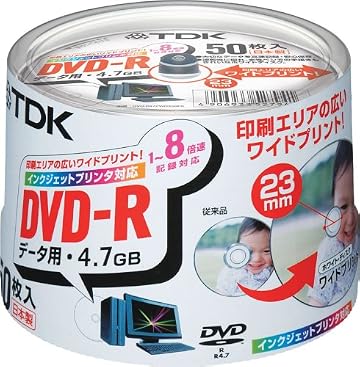 TDK DVD-Rデータ用 1-8倍速対応ホワイトプリンタブル(ワイド)50枚パック[DVD-R47PWDX50PK]