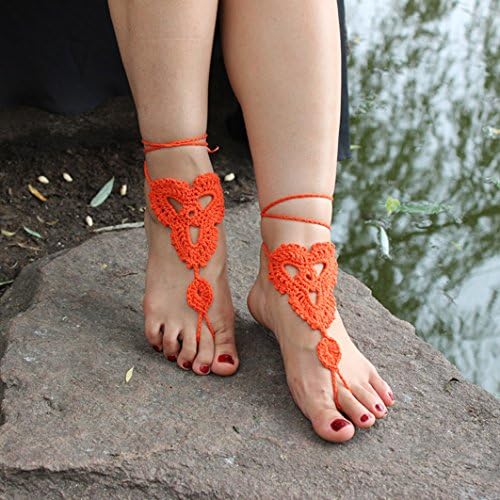 Orange Crochet Barefoot Sandal , Summer Wedding Shoes, Anklet, Yoga Shoes, Gift for Her