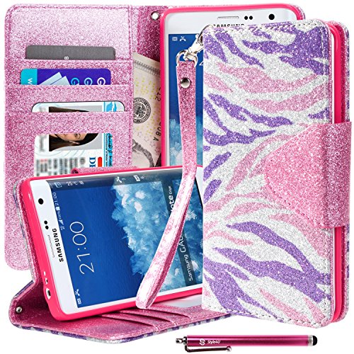 Galaxy Note Edge Case, Note Edge Case, Style4U Premium PU Leather Stand Wallet Case with ID Credit Card / Cash Slots for Samsung Galaxy Note Edge+ 1 Stylus [Purple Pink Zebra / Hot Pink]