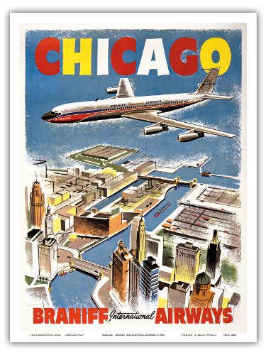 Chicago - Braniff International Airways - Vintage Airline Travel Poster c.1950s - Master Art Print - 9in x 12in